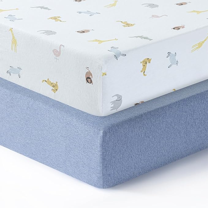 Baby Crib Fitted Sheet, 100% Cotton Knitted Jersey, Fit Standard Crib Mattresses, Fitted Crib Sheets, Super Soft, Toddler Fitted Sheet, Unisex, 2 Pack, Sky Blue,Animal, 28"x52"x9"'