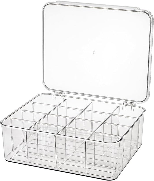 Plastic Sock Underwear Drawer Organizer Dividers, 16 Compartment Clear Tie Organizers with Lid, Removable Divided Wardrobe Storage Box for Tie, Bra Storage