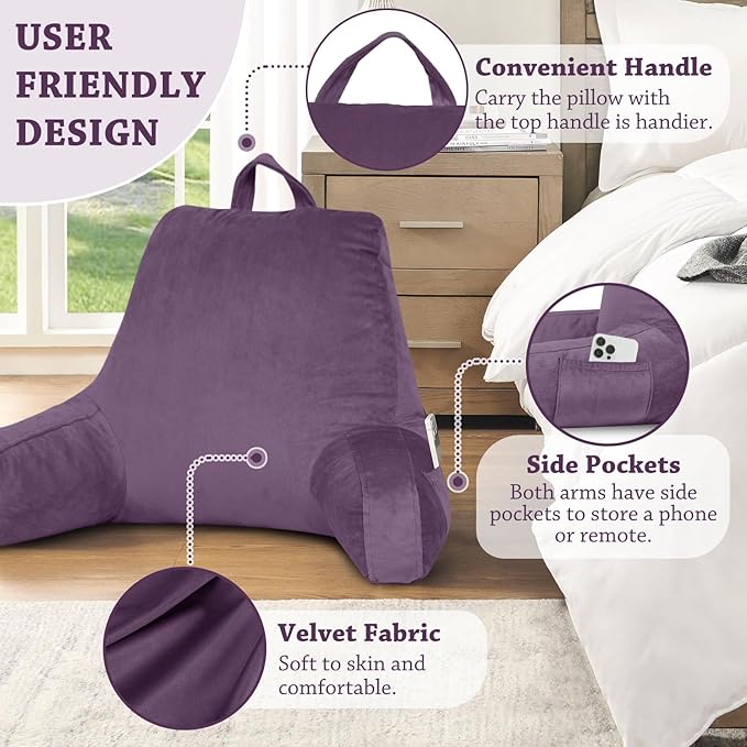 LOVTEX Reading Pillow with Removable Cover, Back Pillow for Sitting Up in Bed with Arms and Pockets, Bed Rest Pillow Adult, 20 x 15 Inches(Lavender)