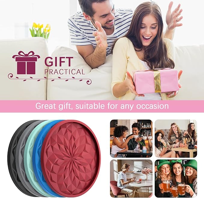 ME.FAN Silicone Coasters with Holder,[6 Pack] Drinking Coasters - Cup Mat for Hot or Cold Drinks, Thickened, Non-Slip, Non-stick,Deep Tray Dark Grey