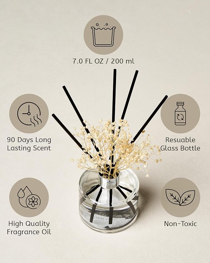 M&SENSE Reed Diffuser Set with 7 Sticks | 7.0oz Fresh Marine & Jasmine Scent, Home Fragrance Diffuser for Housewarming Diffuser Room Fresheners for Bathroom Long Lasting with Baby's Breath Flower