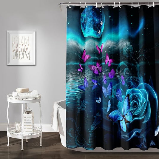 AILONEN Flying Butterfly Shower Curtain for Girls Women,Blue Sky Starry Ocean Sea Rose Bath Curtain 36" W*72" H Polyester Fabric Waterproof Bathroom Curtain with 12 Hooks