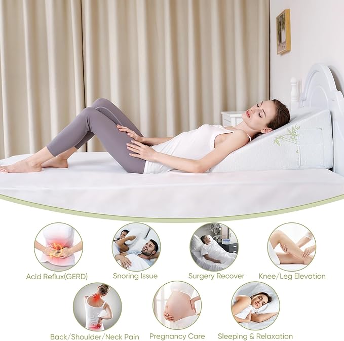 Bed Wedge Pillow with Memory Foam Top 12" Triangle Wedge Pillow for Sleeping Acid Reflux After Surgery Heartburn Snore Back Leg Knee Pain, Soft & Comfortable, Breathable & Durable Cover - Beige