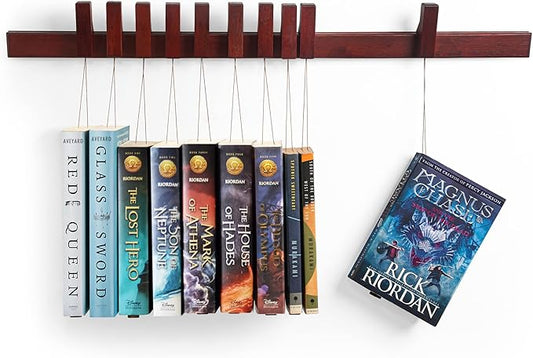 Floating Wall Bookshelf - Wall Mounted Book Organizer with Included Bookmarks - Hardwood Hanging Bookshelf for Bedroom, Living Room, or Kitchen - A Thoughtful Gift for Book Lovers (Dark)