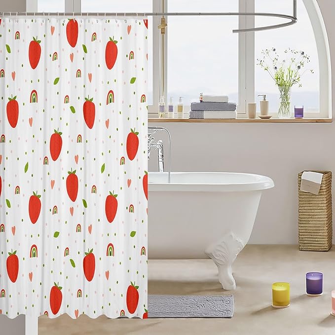 Feelyou Strawberry Shower Curtain Fruits Fabric Shower Curtain for Kids Boys Girls Rainbow Green and Pink Dots Bathroom Waterproof Accessories with 12 Hooks White and Red Curtains,72X72 Inches