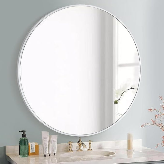 CULER Round White Bathroom 36 Inch Mirror,Circle Wall Modern Mirror for Bedroom,Hanging Vanity Tempered Glass Mirrors for Entryway or Living Room
