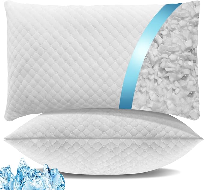 Shredded Memory Foam Pillows, Bed Pillows Queen Size Set of 2, Cooling Pillows for Sleeping, Adjustable Firm Pillows for Side Back and Stomach Sleepers, Bed Pillows with Washable Removable Cover