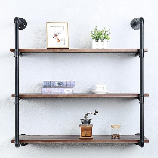 Industrial Pipe Shelving Wall Mounted,36in Rustic Metal Floating Shelves,Steampunk Real Wood Book Shelves,Wall Shelf Unit Bookshelf Hanging Wall Shelves,Farmhouse Kitchen Bar Shelving(3 Tier)