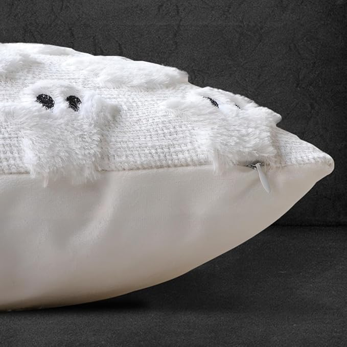 4TH Emotion Halloween Ghost Decorative Lumbar Pillow Covers 12x20 Set of 2, White Soft Plush Faux Fur Farmhouse Throw Cushion Cases for Fall Autumn Holiday Home Decorations