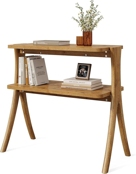 LITTLE TREE Narrow Side Table, 2-Tier Farmhouse End Table with Solid Wood Legs, Small Side Table, Space-Saver for Living Room, Bedroom, Entryway (Light Walnut)