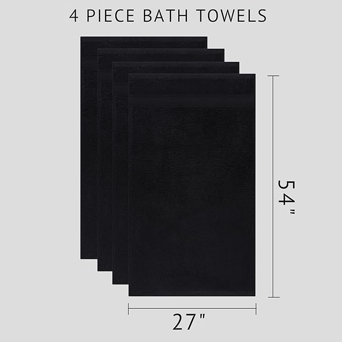 Quick-Dry, Soft & High Absorbent Bath Towels 27"x54" Cotton Turkish Bath Towel Set of 4 | Daily Use 100% Cotton Towels for Bathroom, Gym & More | Bathroom Towels Set (4 Pcs, Black)