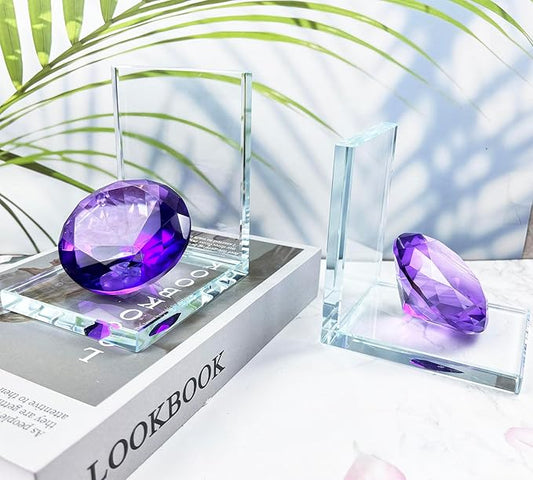 Crystal Bookends Decorative Glass Book Holders Heavy Duty Book Ends with Diamond for Shelf Decor Unique Book Stopper Purple