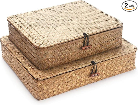 Seagrass Storage Baskets with Lid, Flat Wicker Basket, Rattan Storage Bins, Shallow Woven Basket for Shlef, Decorative Storage Boxes for Organizing
