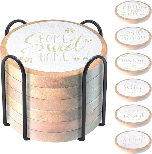 Wood Coasters for Drinks - Housewarming Gifts for Home Decoration - Set of 6 Absorbent With Holder - Funny Coffee Tabletop Protection - 4.3 Inch White