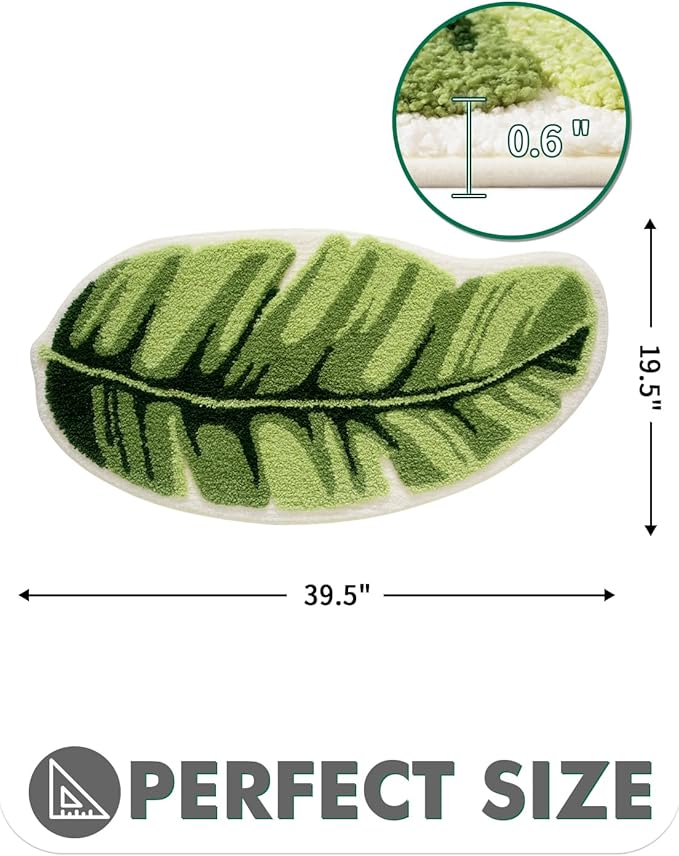 LUMI Cute Bathroom Rugs with Green Leaf Plant, Soft, Fluffy, Plush, Absorbent, Quick Dry, Non Slip, Machine Washable for Shower Floor, Bathroom, Bedroom,Kids Room, 19.5"x39.5", Palm Leaf