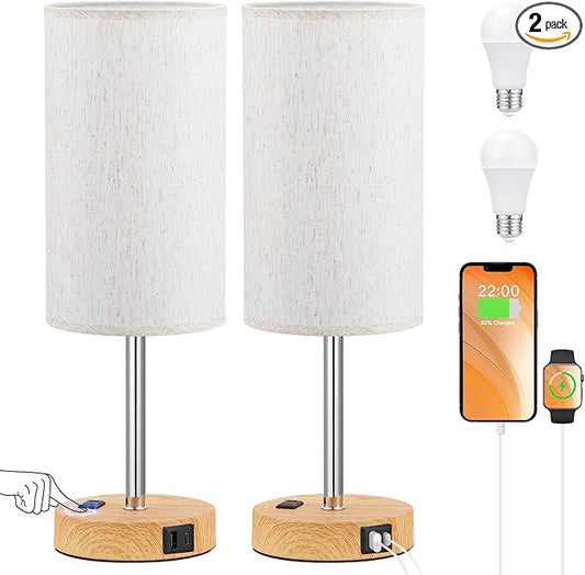 17.4Inches Tall Touch Bedside Table Lamps Set - 3 Way Dimmable Bedroom Lamp with USB C Ports, Small Desk Lamps for Nightstand with AC Outlet for Dorm/Bathroom/Kitchen/Living Room
