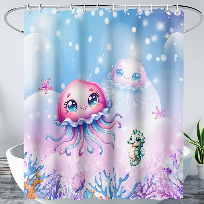 AILONEN Jellyfish Shower Curtain, Cute Jellyfish Starfish Seahorse Coral Pink Bath Curtain,Ocean Theme Shower Curtain 72" W*78" H Polyester Waterproof Bathroom Curtain with 12 Hooks