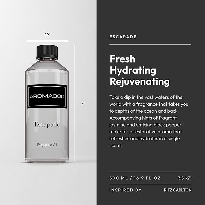 Aroma360 - Escapade Fragrance Oil Scent - Luxury Aromatherapy Scent Diffuser Oil - Hints of Lemon, Ocean, Bergamot, & Fragrant Jasmine - for Essential Oil Diffusers - for Home & Office - 500mL