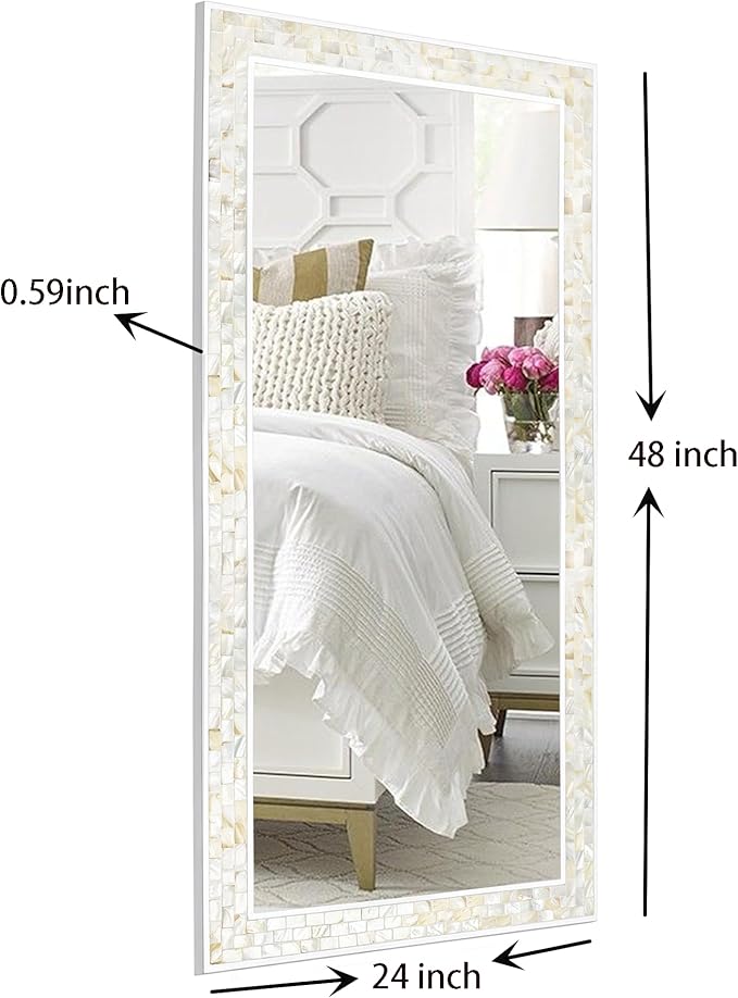 Tanmicoshomy 24 x 47Inch Rectangle Wall Mirror, Natural Shell Framed Rectangular Mirror for Bathroom, Vanity, Bedroom, Living Room, Entryway, Wall Mounted Horizontal or Vertical, White