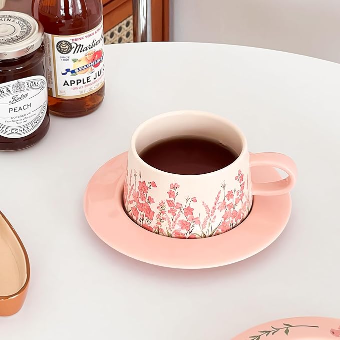 Pink Coffee Mug with Saucer Set, 9oz Pretty Ceramic Mugs with Floral Design, Elegant Flower Cup Perfect for Coffee Tea Cappuccino,Gift for Women, Mom, Friend, Mothers Day Gifts
