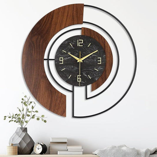 Modern Large Wall Clock - 16” Silent Battery Operated Decorative Clock with Wood and Metal Frame, Non-Ticking for Living Room, Office, Bedroom, or Entryway Wall Decor
