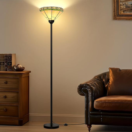 Tiffany Floor Lamp, Tochiere Standing Lamp with Stained Glass Shade, Vintage Tall Pole Lamp with Foot Switch, Decorative Corner Light for Living Room Bedroom Home Office(E26 Base)
