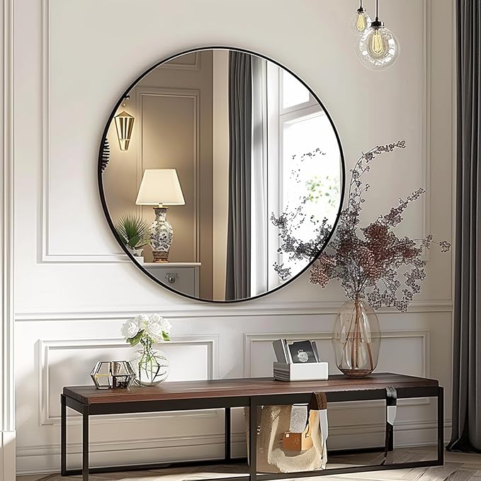 Round Mirror 28 inch, Round Black Mirror, Circle Bathroom Mirrors Metal Frame, Wall Mounted Circle Mirrors for Bathroom, Living Room, Hallway, Farmhouse.
