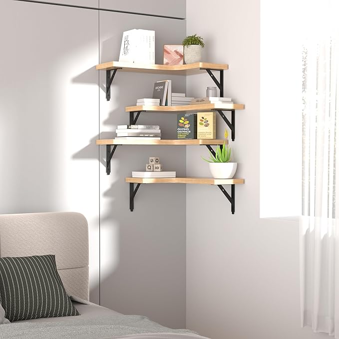 Corner Floating Shelves Wall Mounted Set of 4, Rustic Wood Storage Display Wall Shelves for Home Decor, Bathroom, Kitchen, Bedroom, Living Room, Office (Natural)
