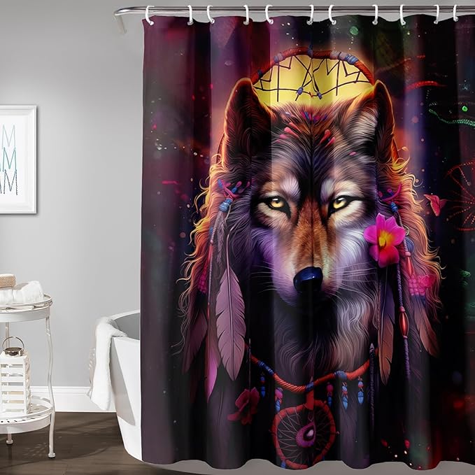 AILONEN 3D Wolf Dream Catcher Shower Curtain for Bathroom,Safari Wolf Printed Bath Curtain for Boys Men,Wildlife Decoration Shower Curtain Waterproof 48" W*72" H
