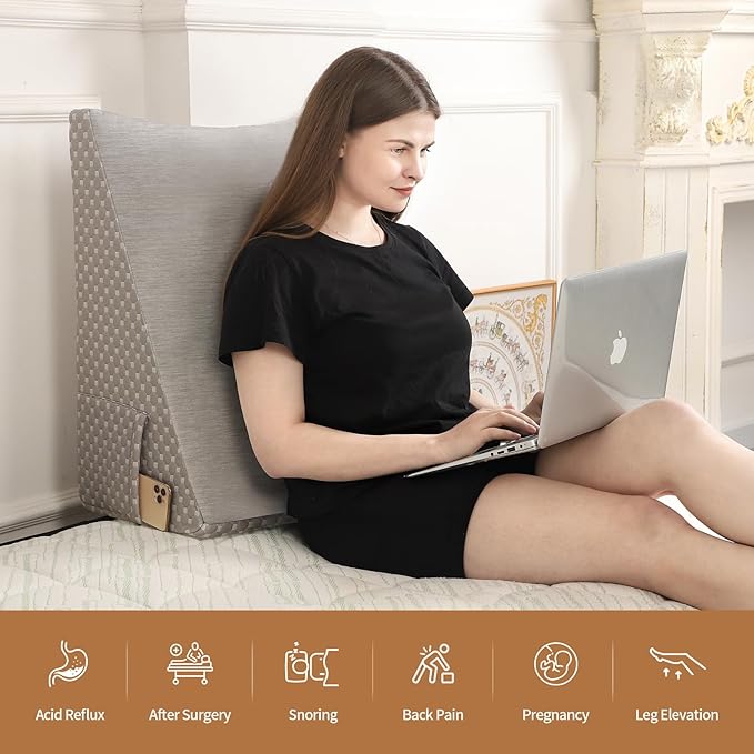 Wedge Pillow for Sleeping, 12 Inch Cooling Triangle Bed Pillow with Removable Cover, Elevated Body Pillow Wedge for Back Support, After Leg Surgery, Snoring, Acid Reflux, Grey