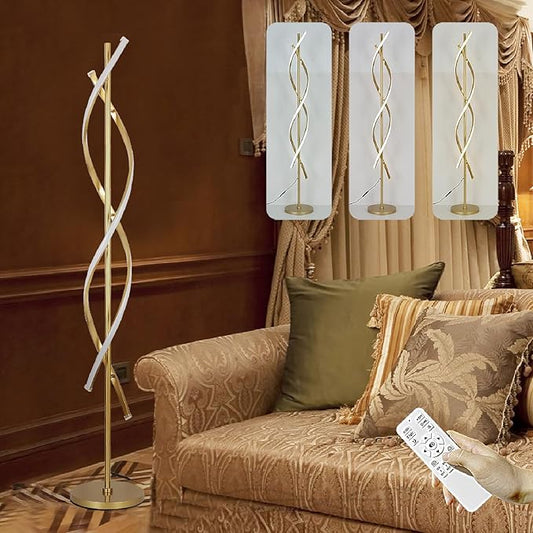 61" LED Floor Lamp for Living Room, 40W 3 Colors Stepless Dimmable and Color-Changing Bright Floor Standing Lamp,Unique Spiral Floor Tall Lamp for Bedroom Office with Remote (Gold)
