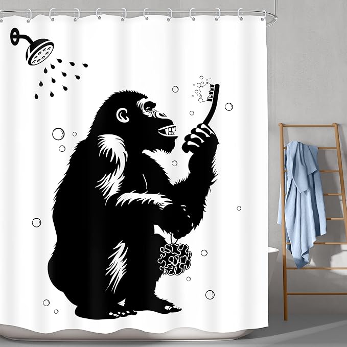 LGhtyro Funny Monkey Shower Curtain Bathroom Set 60Wx71H Inches Black White Animal Chimpanzee Bathing Wildlife Hilarious Modern Cool Bath Accessories for Boys Men Art Home Decor Fabric 12 Pack Hooks