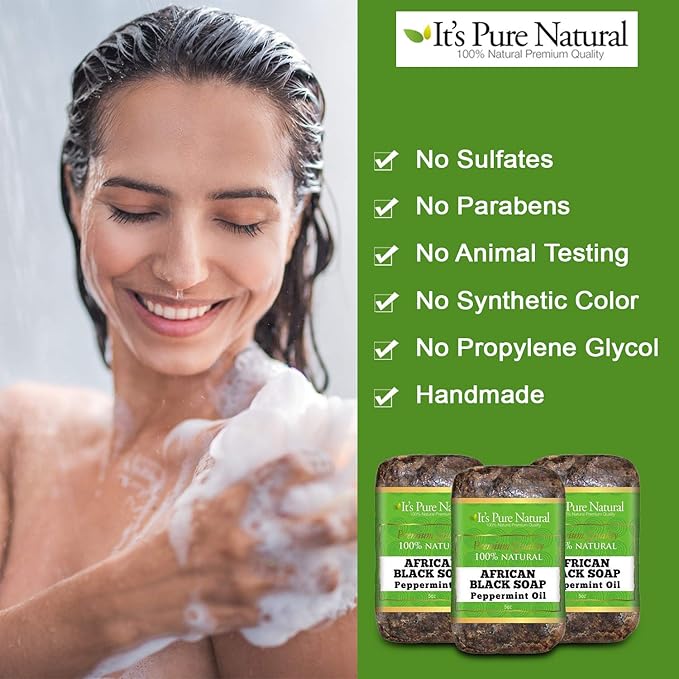 It's Pure Natural African Black Soap Bars with Peppermint Oil (Pack of 3) Organic Raw Soap for Face & Body, Acne Treatment & Dark Spot Remover [Made in Ghana]