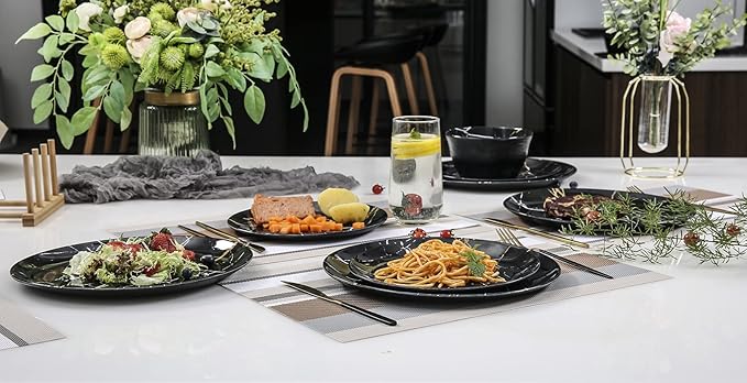 Melamine Dinnerware Set - 12pcs Plates and Bowls Sets Best for Indoor and Outdoor Party, BPA-Free Dishwasher Safe Kitchen Dinner Set with Black Marble Pattern