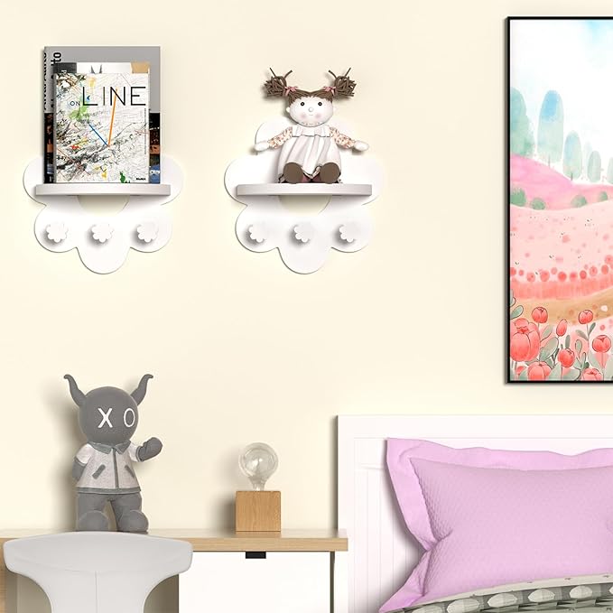 Floating Shelf for Wall, Hanging Display Wall Shelf with Hooks Wooden Daisy Flower Shelf for Bathroom Living Room Bedroom Wall Decor, White