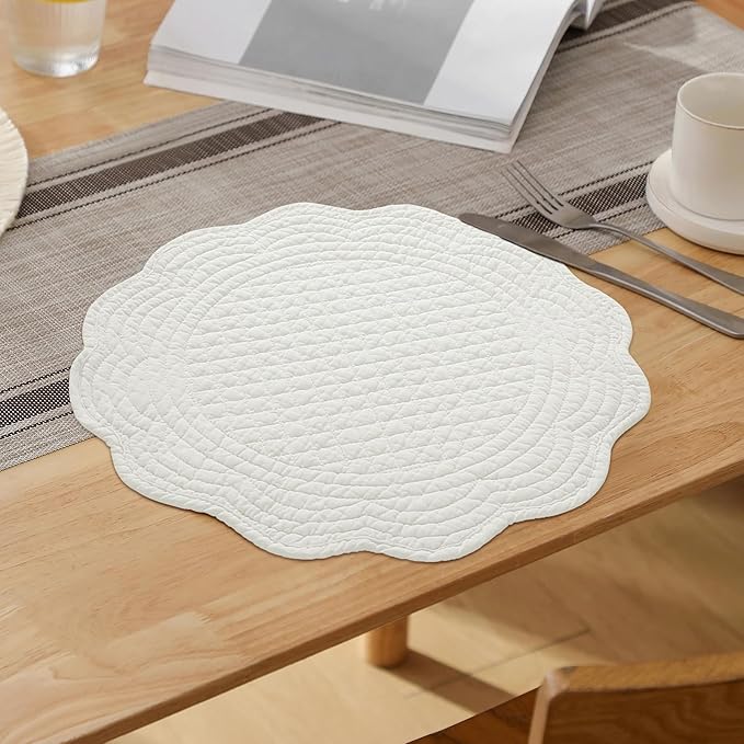 HOMBYS Quilted Placemats Set of 6 Washable Round Placemats for Kitchen Table-100% Cotton Fabric 15 Inch Round Table Mats, Cotton Fabric with Microfiber Filling, (15"x15", Cream White)
