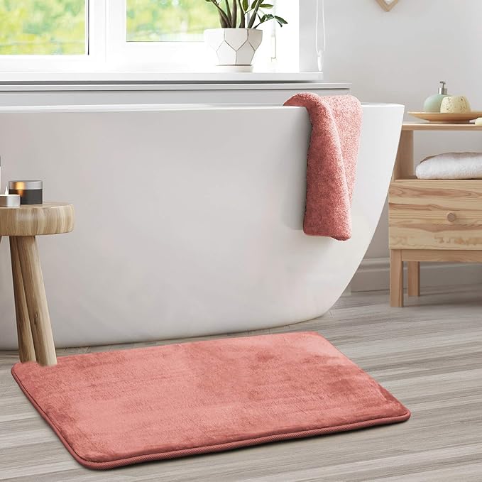 Clara Clark Bathroom Rugs, Velvet Memory Foam Bath Mat, Non-Slip, Machine Washable Bath Rugs - Dries Quickly, Ultra Soft Plush Bath Mats for Bathroom, 20 x 32, Misty Rose
