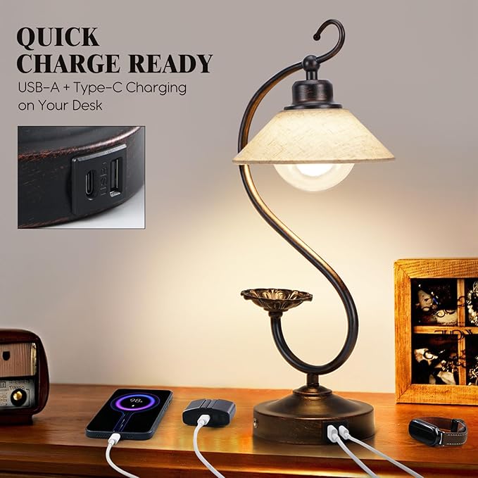 V05 Vintage Flower Table Lamp - Dimmable Nightstand Lamps with USB C+A Charging Ports, Farmhouse Touch Bedside Lamp, Unique Small LED Lamps for Bedroom, Living Room, Entry, Dining, Entryway