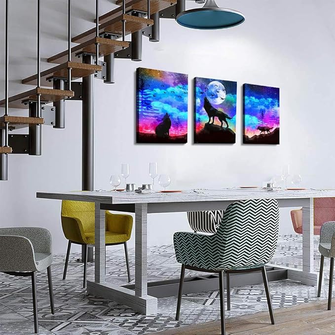 Canvas Wall Art For Living Room Wall Decor For Bedroom Kitchen Canvas Art Prints Artwork Modern Framed Room Home Decorations Blue Starry Sky Landscape Paintings Wolf Office Hang Pictures 3 Pieces