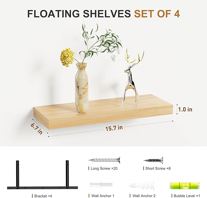 Bellsal Floating Shelves for Wall, Maple Wood Wall Shelf Set of 4, 16" Wall Mounted Floating Shelf for Kitchen, Living Room, Bedroom, Bathroom Storage, Book Shelfs for Home Decor Frame Display