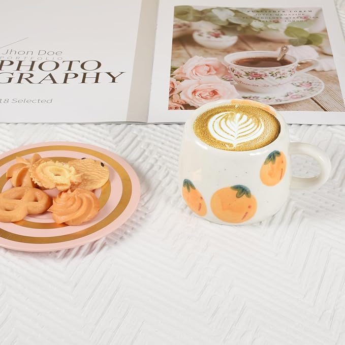 Koythin Ceramic Coffee Mug, Cute Fruits Creative Mugs Design, Printed Flowers Cup for Office and Home, 10 oz/300 ml for Latte Tea Milk (Persimmon)