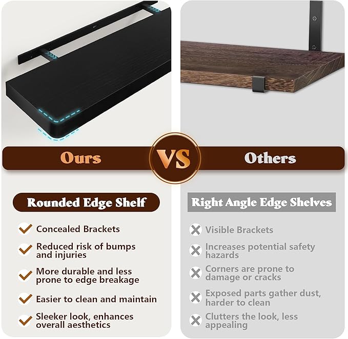 Floating Shelves for Wall, Wood Shelves with Invisible Brackets for Bathroom, Living Room, Bedroom and Kitchen, Long Wall Shelf for Books/Storage/Room Decor, 17 Inch, Set of 2, Black