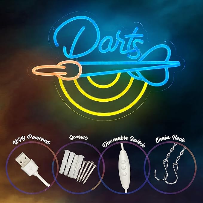 Darts Neon Sign - LED Neon Light Sign for Wall Decor - Perfect for Men Cave & Game Room