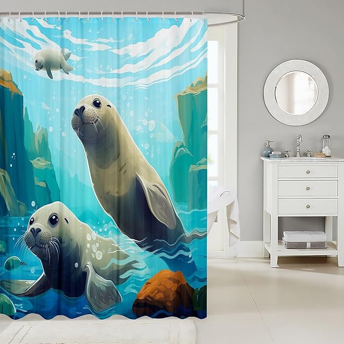 Feelyou Manatee Fabric Shower Curtain for Kids Boys Girls Cute Manatee Bathroom Waterproof Accessories with 12 Hooks Ocean Animal Shower Curtain Ocean Theme Curtains,72x78 Inches