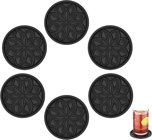 HFHOME Silicone Coasters Set for Drinks - 6 Pcs Cup Mat for Coffee Table, Desk, Bar - Home Decor Tabletop Protection Gift - Black