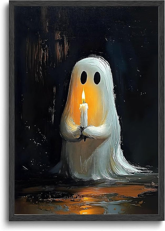 ILLBDR Cute Ghost Canvas Wall Art Halloween Decor Vintage Painting, Spooky Silhouette Ghost Holding Candle Haunted House Art, Bedroom Gothic Decor Ready to Hang, 16x24 Inch Unframed