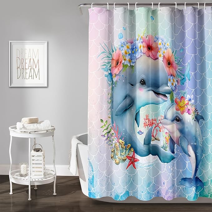 AILONEN Cute Dolphin Shower Curtain,Color Mermaid Scale Print Shower Curtain with 12 Plastic Hooks,Kawaii Ocean Dolphin Print Bath Curtain Decorative Waterproof 72" W*72" H
