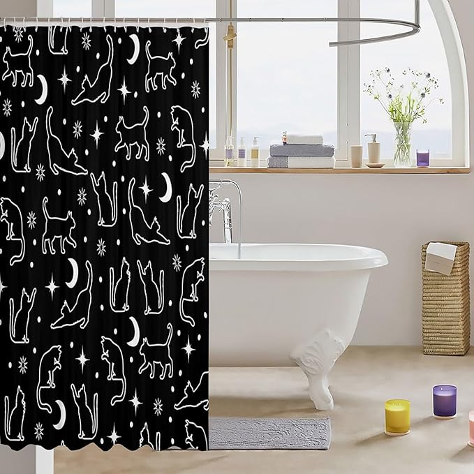 Manfei Cartoon Cats Silhouettes Kids Shower Curtains,Sun Moon Starry Sky Boho Bathroom Curtains for Girls Boys,Cute Cats Abstract Black White Fashion Waterproof Curtains,12 Hooks Suits,72" W x 78" L