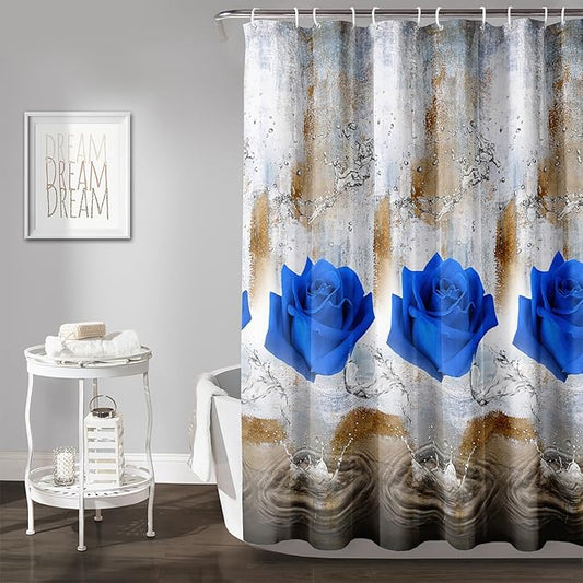 AILONEN Blue Rose Shower Curtain for Girls 3D Rose Water Droplet Retro Bathroom Decor,Modern Rose Flower Couple Lover Women Bath Curtain 36" W*72" H Polyester Waterproof Bathroom Curtain with Hooks