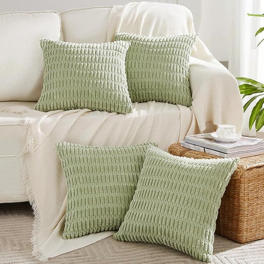 Fancy Homi 4 Packs Sage Green Decorative Throw Pillow Covers 20x20 Inch for Living Room Couch Bed Sofa, Rustic Farmhouse Boho Home Decor Soft Plush Striped Corduroy Square Cushion Case 50x50 cm
